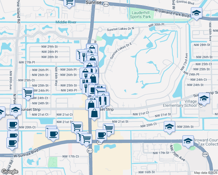 map of restaurants, bars, coffee shops, grocery stores, and more near 2320 Northwest 81st Avenue in Sunrise