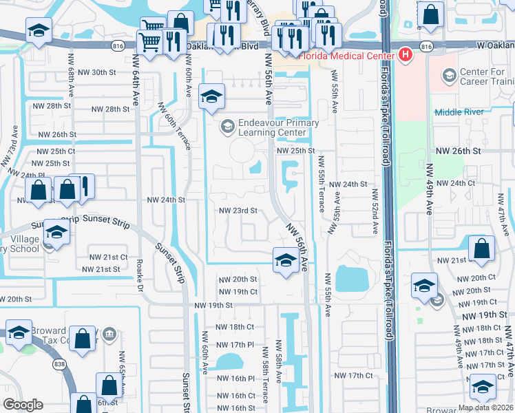 map of restaurants, bars, coffee shops, grocery stores, and more near 2253 Northwest 57th Avenue in Lauderhill