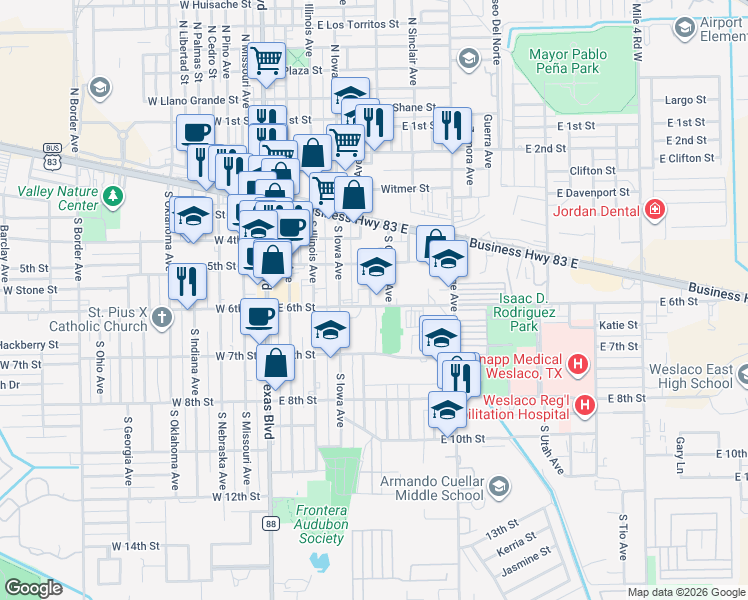 map of restaurants, bars, coffee shops, grocery stores, and more near 506 East 6th Street in Weslaco