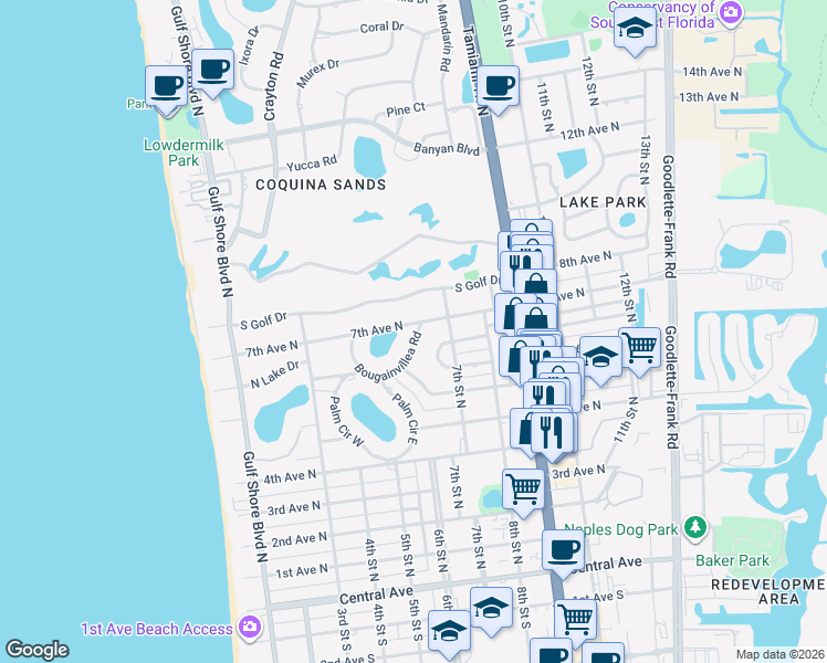 map of restaurants, bars, coffee shops, grocery stores, and more near 689 Bougainvillea Road in Naples