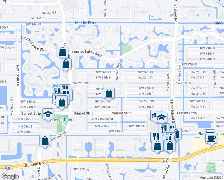 map of restaurants, bars, coffee shops, grocery stores, and more near 9540 Northwest 25th Street in Sunrise