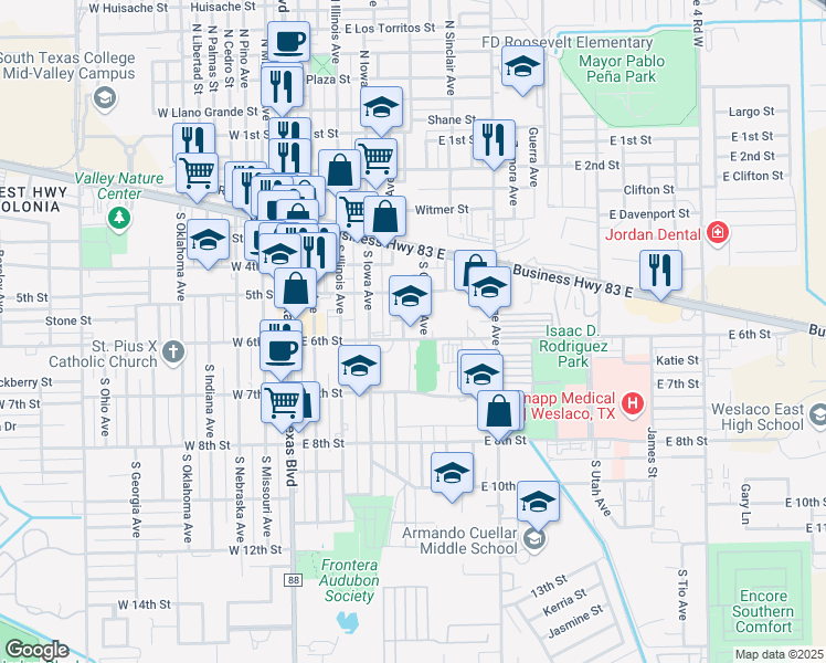 map of restaurants, bars, coffee shops, grocery stores, and more near 506 East 6th Street in Weslaco