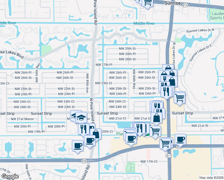 map of restaurants, bars, coffee shops, grocery stores, and more near 8631 Northwest 24th Place in Sunrise