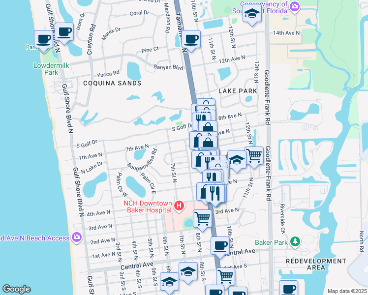 map of restaurants, bars, coffee shops, grocery stores, and more near 693 8th Street North in Naples
