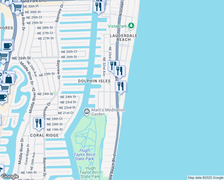 map of restaurants, bars, coffee shops, grocery stores, and more near 2101 Florida A1A in Fort Lauderdale