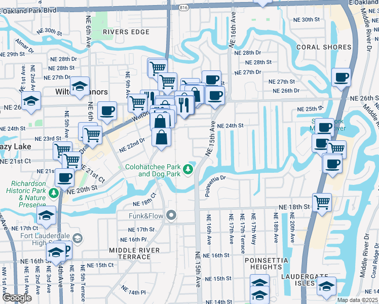 map of restaurants, bars, coffee shops, grocery stores, and more near 2109 Northeast 14th Avenue in Wilton Manors