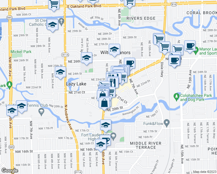 map of restaurants, bars, coffee shops, grocery stores, and more near 2125 Northeast 5th Avenue in Wilton Manors