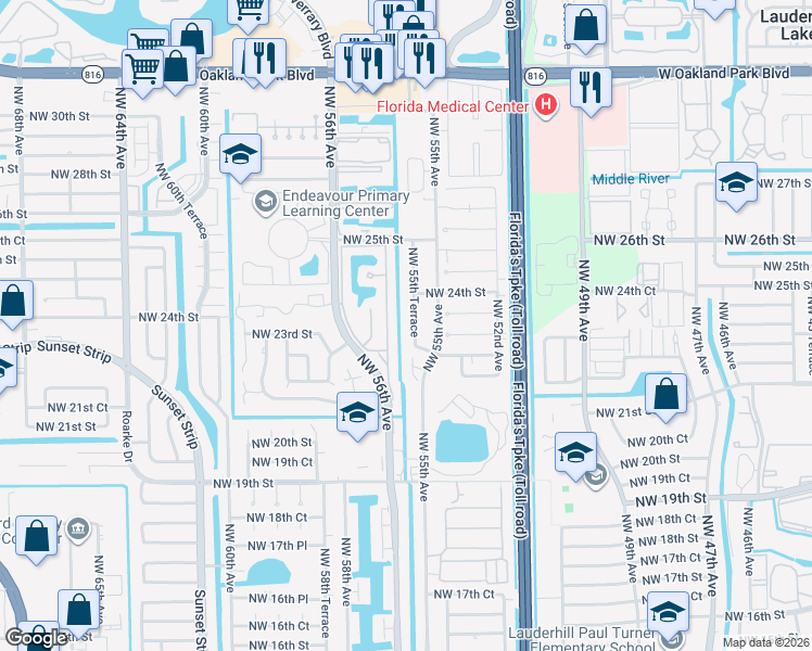 map of restaurants, bars, coffee shops, grocery stores, and more near 2302 Northwest 55th Way in Lauderhill