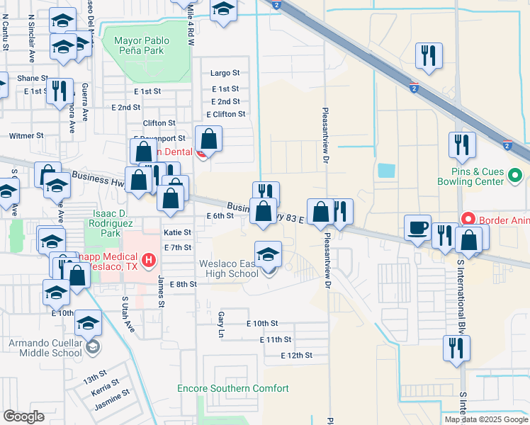 map of restaurants, bars, coffee shops, grocery stores, and more near Business Highway 83 East in Hidalgo County