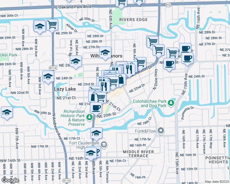 map of restaurants, bars, coffee shops, grocery stores, and more near 2264 Wilton Park Drive in Wilton Manors