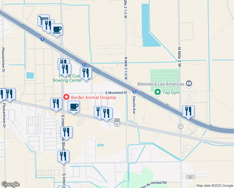 map of restaurants, bars, coffee shops, grocery stores, and more near 4032 East Moreland Drive in Weslaco