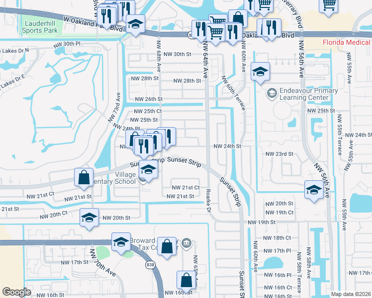map of restaurants, bars, coffee shops, grocery stores, and more near 6491 Sunset Strip in Sunrise