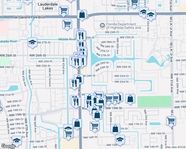 map of restaurants, bars, coffee shops, grocery stores, and more near 2341 Northwest 38th Terrace in Lauderdale Lakes