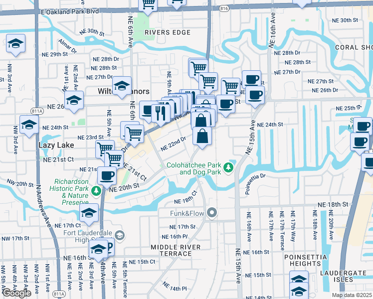 map of restaurants, bars, coffee shops, grocery stores, and more near in Wilton Manors