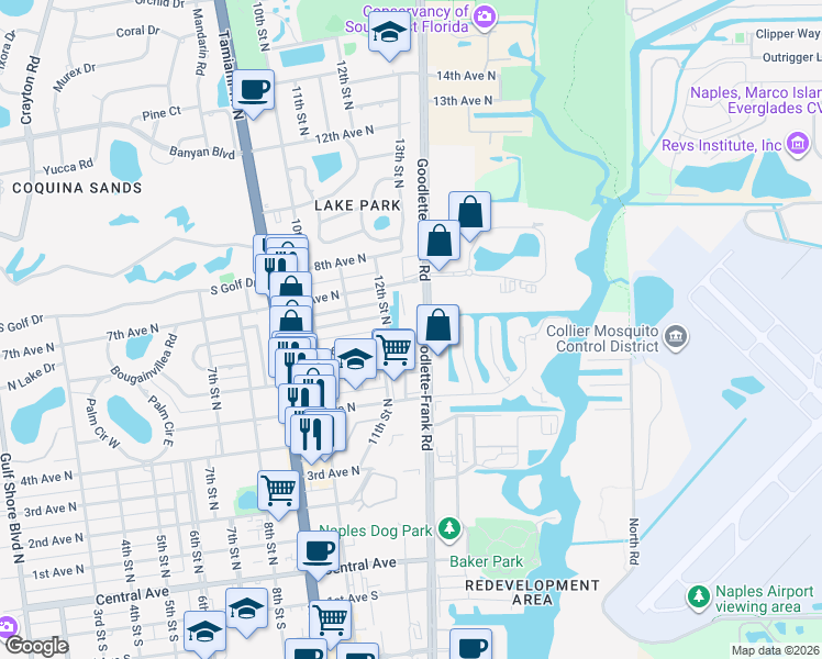 map of restaurants, bars, coffee shops, grocery stores, and more near 671 Goodlette-Frank Road in Naples