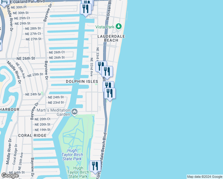 map of restaurants, bars, coffee shops, grocery stores, and more near 2140 North Ocean Boulevard in Fort Lauderdale