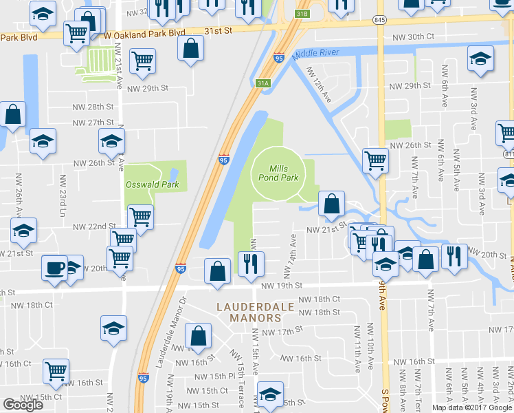 map of restaurants, bars, coffee shops, grocery stores, and more near 2204 Northwest 15th Avenue in Fort Lauderdale