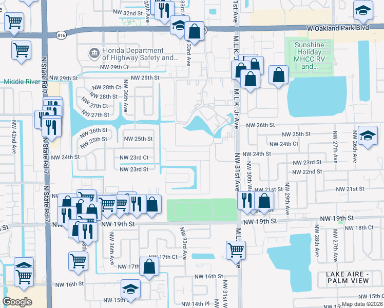map of restaurants, bars, coffee shops, grocery stores, and more near 3345 Northwest 23rd Street in Lauderdale Lakes