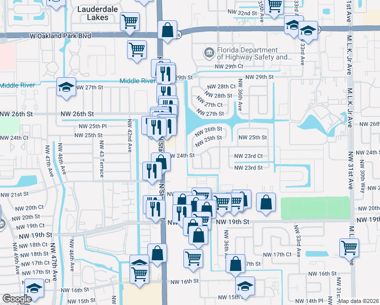 map of restaurants, bars, coffee shops, grocery stores, and more near 2341 Northwest 38th Terrace in Lauderdale Lakes