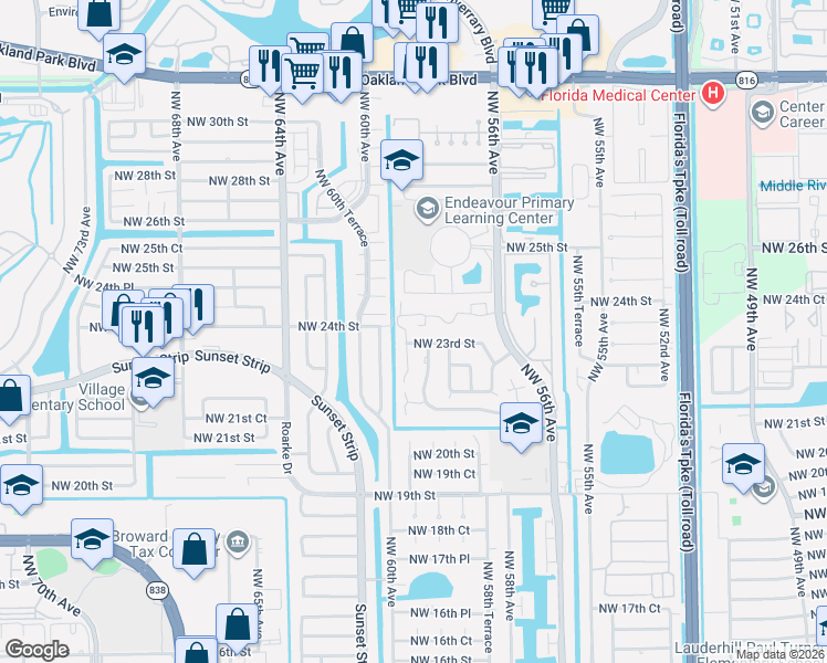 map of restaurants, bars, coffee shops, grocery stores, and more near 2313 Northwest 59th Way in Lauderhill