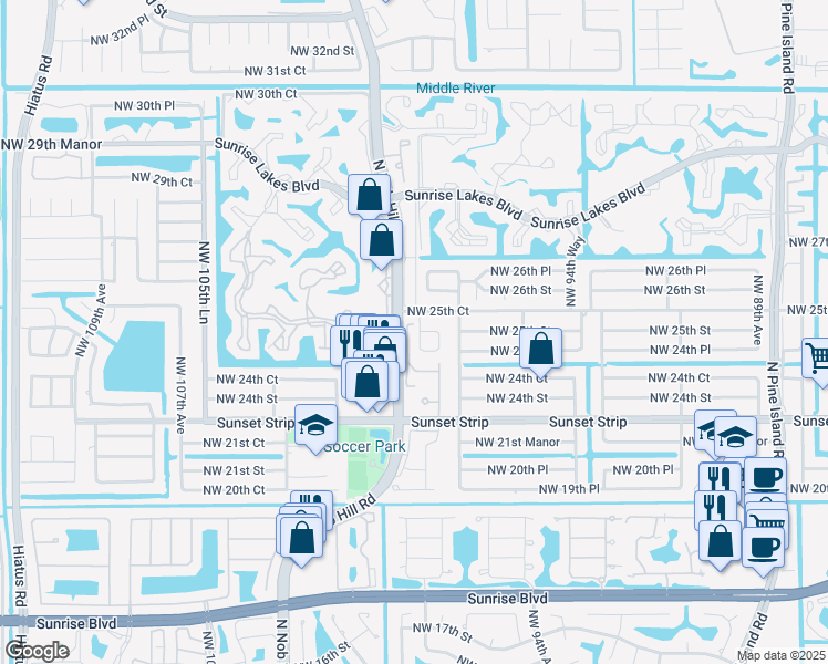 map of restaurants, bars, coffee shops, grocery stores, and more near 9877 Northwest 24th Place in Sunrise