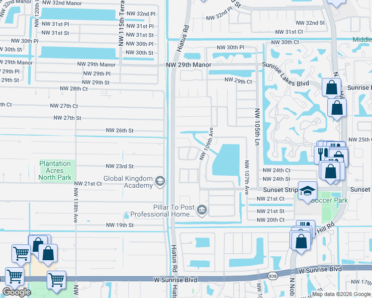 map of restaurants, bars, coffee shops, grocery stores, and more near 2411 Northwest 110th Terrace in Sunrise