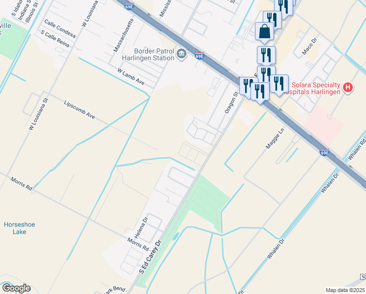 map of restaurants, bars, coffee shops, grocery stores, and more near 4501 North Hummingbird Lane in Harlingen