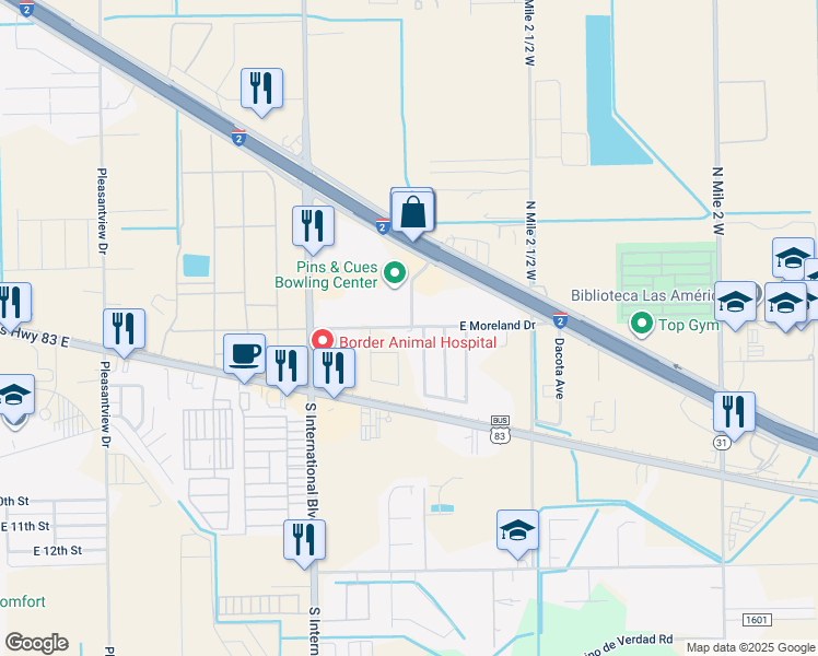 map of restaurants, bars, coffee shops, grocery stores, and more near 3700 East Moreland Drive in Weslaco
