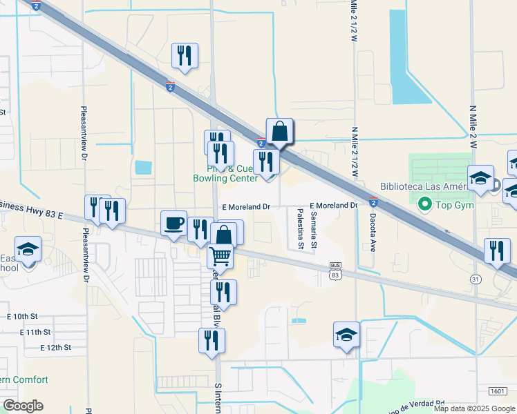 map of restaurants, bars, coffee shops, grocery stores, and more near 3533 East Moreland Drive in Weslaco