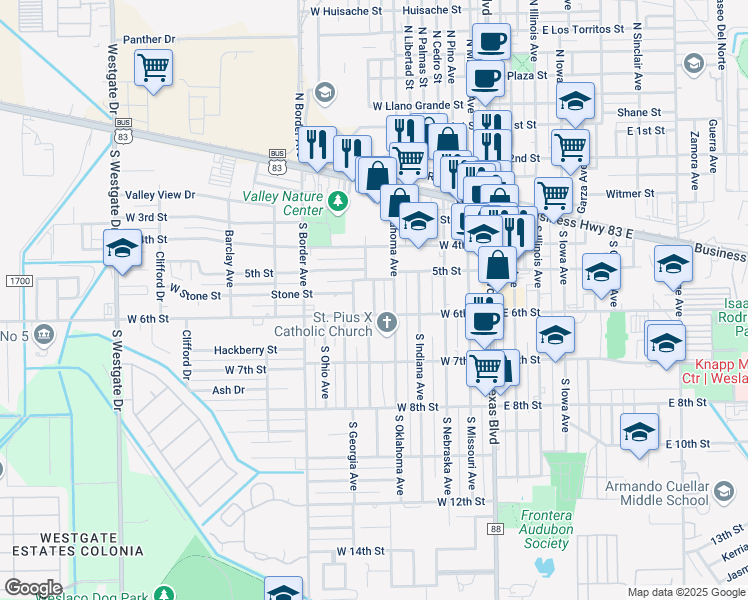 map of restaurants, bars, coffee shops, grocery stores, and more near 520 South Oklahoma Avenue in Weslaco
