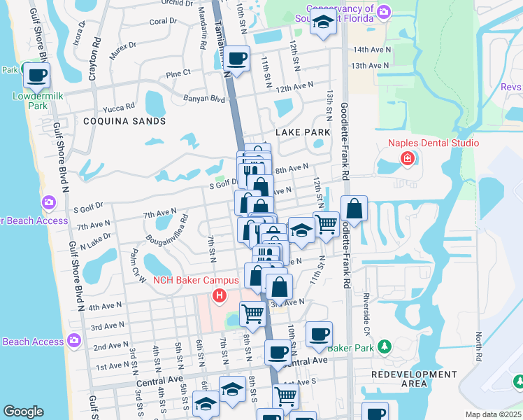 map of restaurants, bars, coffee shops, grocery stores, and more near 670 9th Street North in Naples