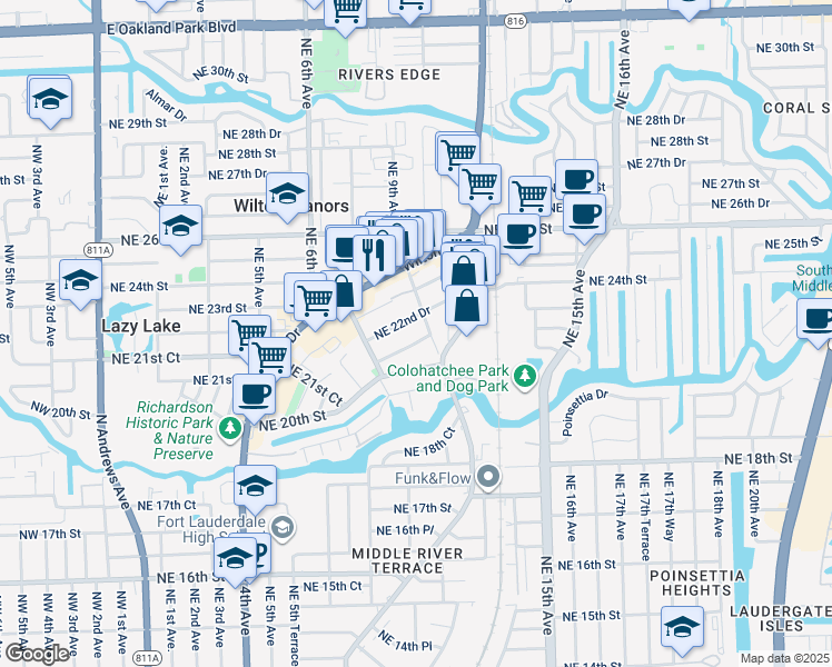 map of restaurants, bars, coffee shops, grocery stores, and more near 805 Northeast 21st Drive in Wilton Manors