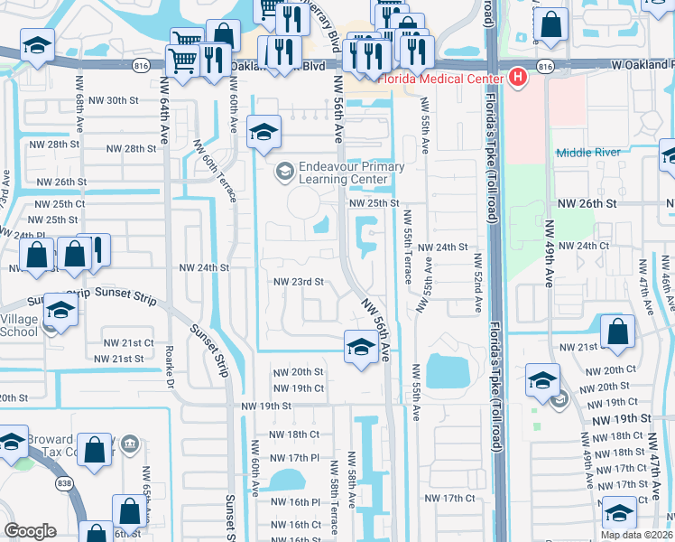 map of restaurants, bars, coffee shops, grocery stores, and more near 2253 Northwest 57th Avenue in Lauderhill