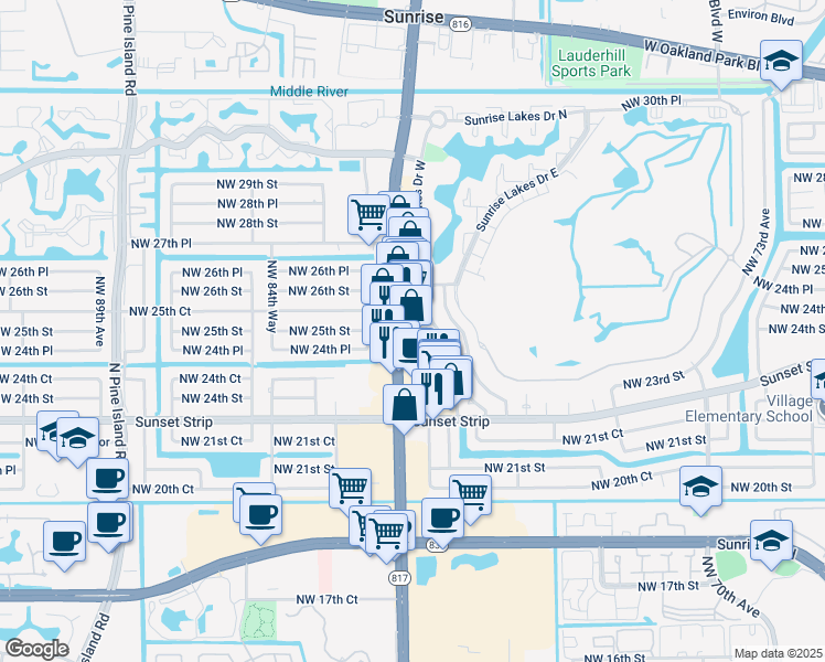 map of restaurants, bars, coffee shops, grocery stores, and more near 8251 Northwest 24th Street in Sunrise