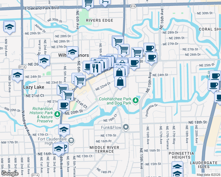 map of restaurants, bars, coffee shops, grocery stores, and more near in Wilton Manors