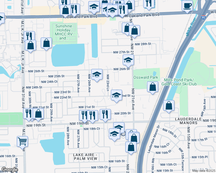 map of restaurants, bars, coffee shops, grocery stores, and more near 2231 Northwest 23rd Lane in Fort Lauderdale