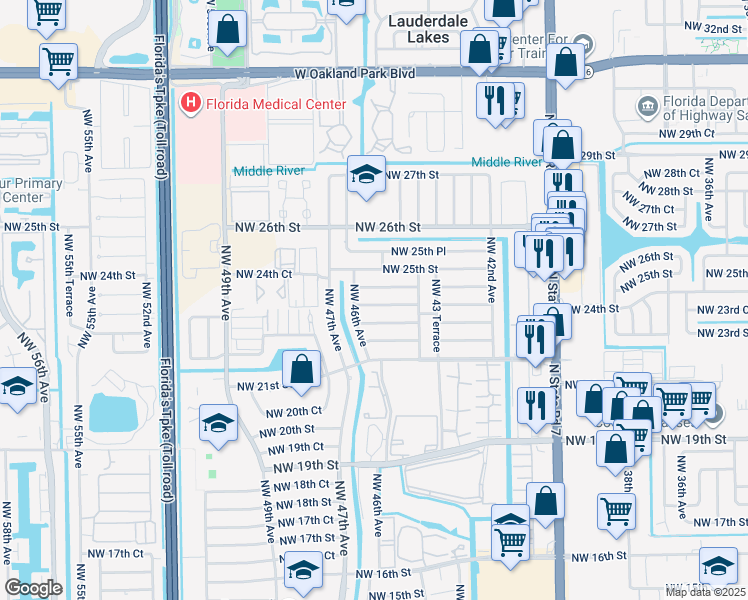 map of restaurants, bars, coffee shops, grocery stores, and more near 4520 Northwest 23rd Court in Lauderhill