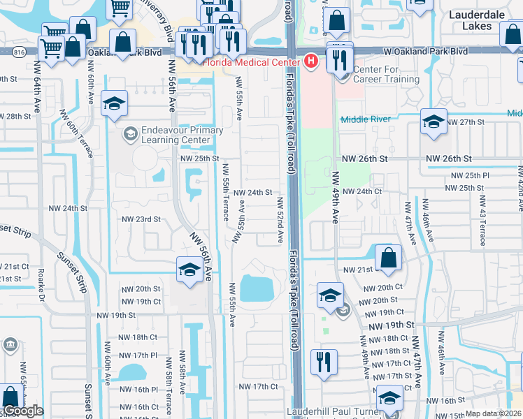 map of restaurants, bars, coffee shops, grocery stores, and more near 5311 Northwest 22nd Court in Lauderhill