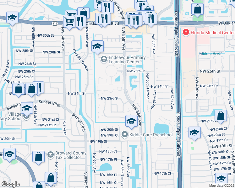 map of restaurants, bars, coffee shops, grocery stores, and more near 2253 Northwest 57th Avenue in Lauderhill