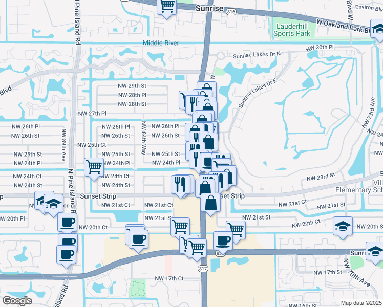 map of restaurants, bars, coffee shops, grocery stores, and more near 2491 North University Drive in Sunrise
