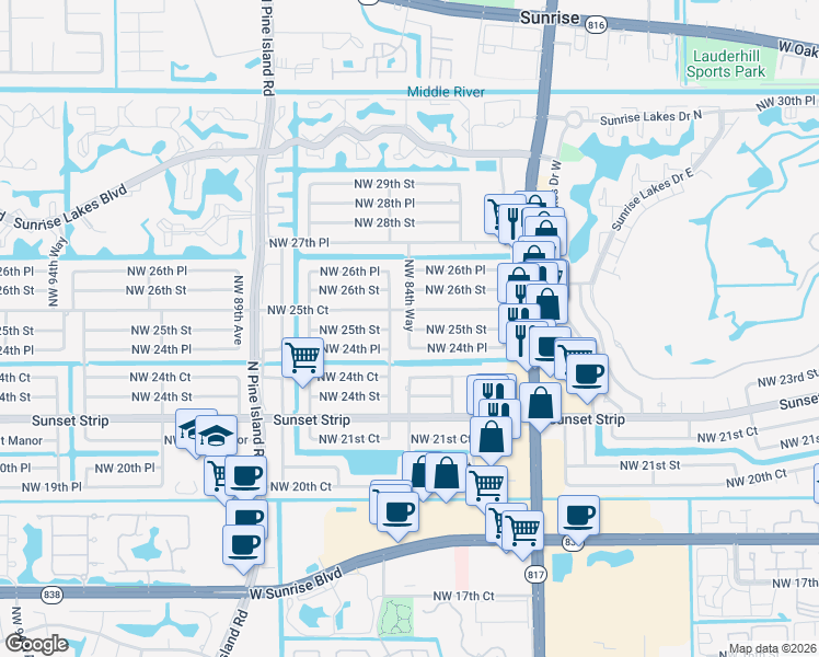 map of restaurants, bars, coffee shops, grocery stores, and more near 8481 Northwest 24th Place in Sunrise