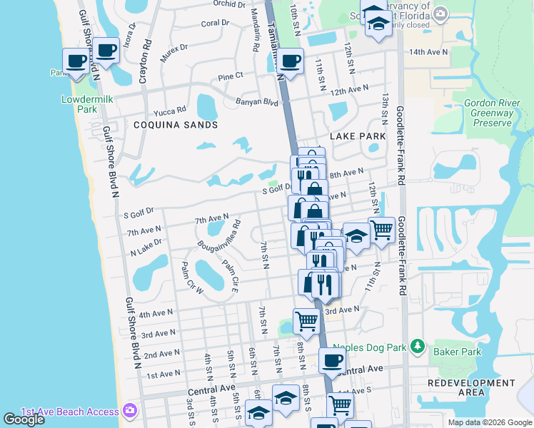 map of restaurants, bars, coffee shops, grocery stores, and more near 732 7th Avenue North in Naples