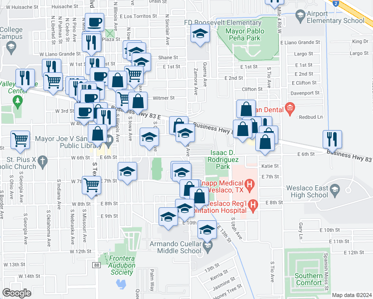 map of restaurants, bars, coffee shops, grocery stores, and more near 522 South Bridge Avenue in Weslaco