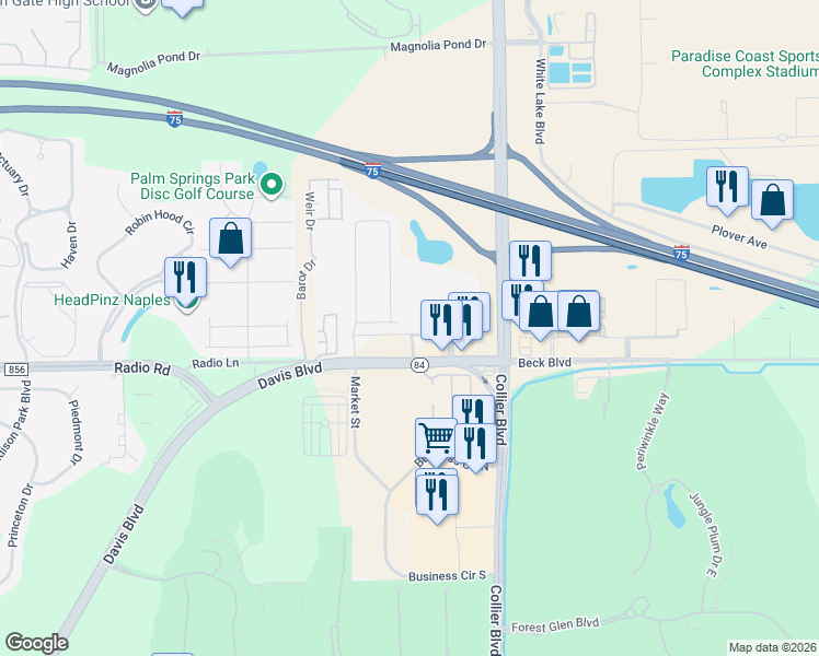map of restaurants, bars, coffee shops, grocery stores, and more near 116 Jayrose Place in Naples