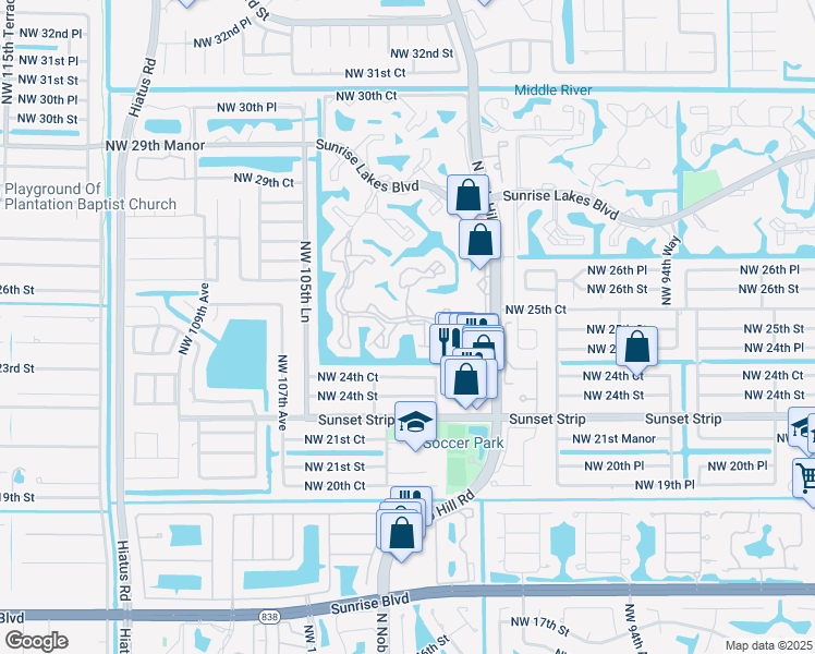 map of restaurants, bars, coffee shops, grocery stores, and more near 203 Northwest 24th Place in Sunrise