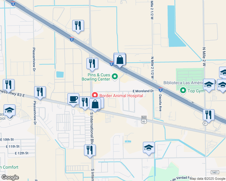 map of restaurants, bars, coffee shops, grocery stores, and more near 3533 East Moreland Drive in Weslaco