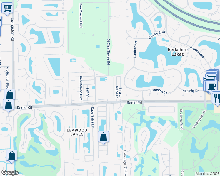 map of restaurants, bars, coffee shops, grocery stores, and more near Kim Drive in Naples