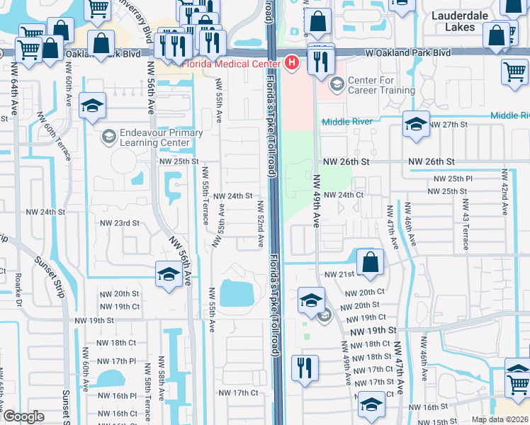 map of restaurants, bars, coffee shops, grocery stores, and more near 2230 Northwest 52nd Avenue in Lauderhill