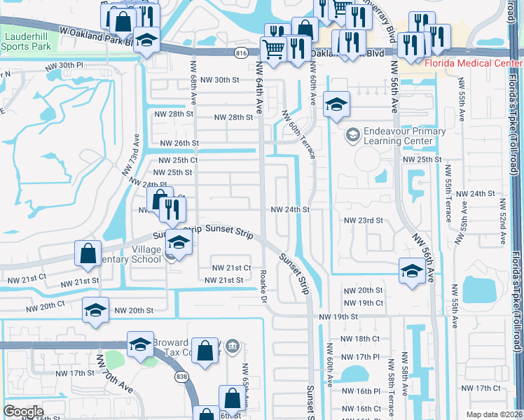 map of restaurants, bars, coffee shops, grocery stores, and more near 2370 Northwest 64th Avenue in Sunrise
