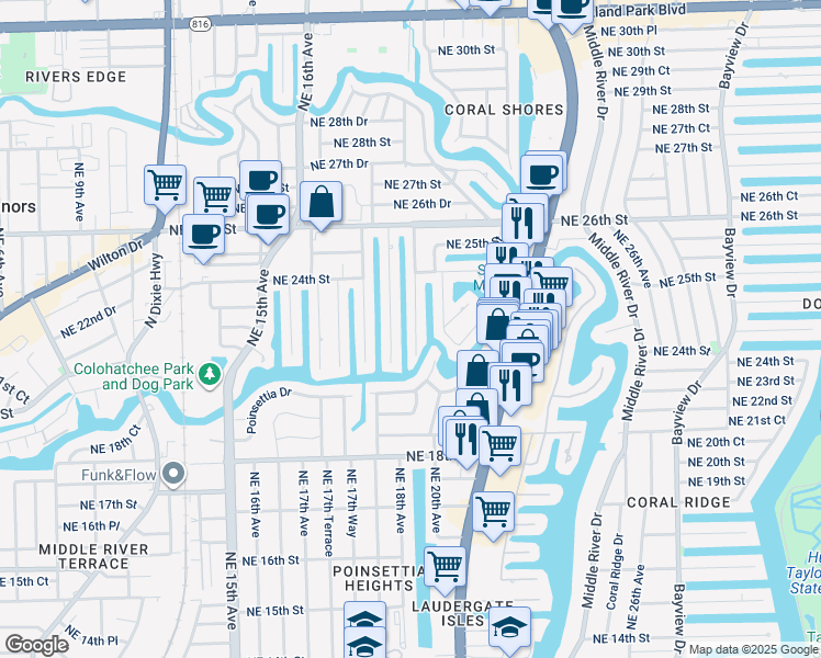 map of restaurants, bars, coffee shops, grocery stores, and more near 2149 Northeast 19th Avenue in Wilton Manors